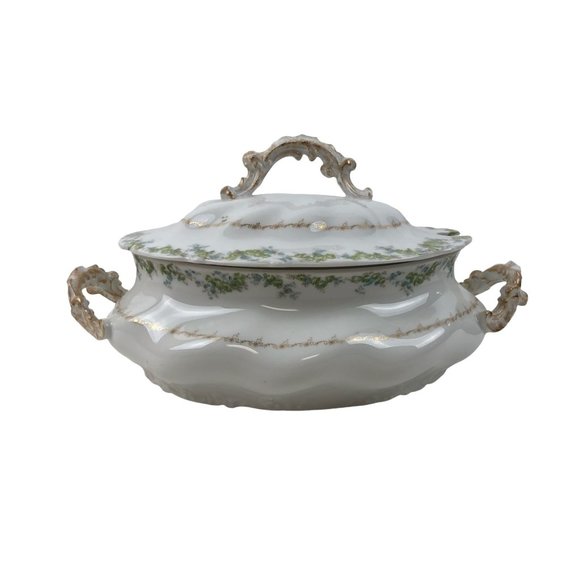 Limoges Dining Limoges Soup Tureen Strauss Sons Blue Flowers Green Stems Guilded Oval Lidded